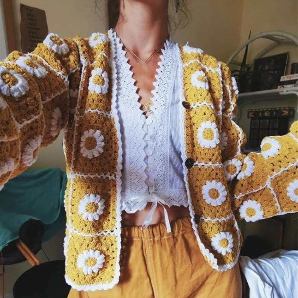 Wild Orange Tree Handknit Yellow Daisy Crotchet Cardigan